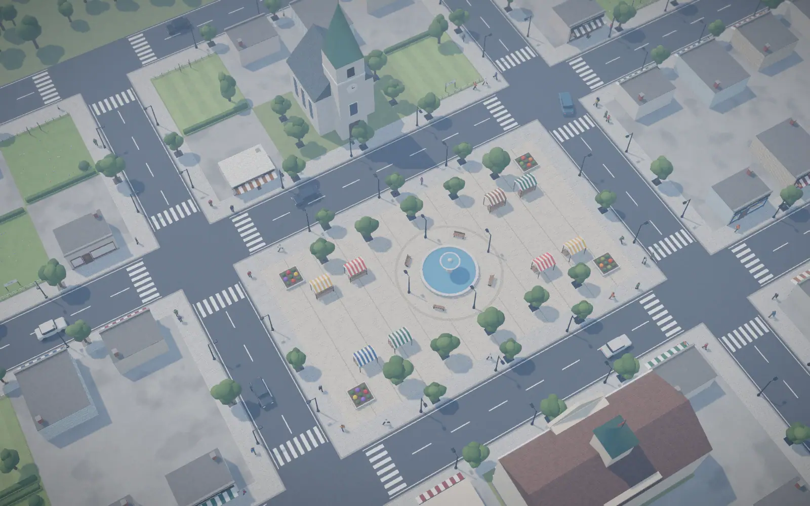 Aerial view of the town with market square, fountain, town hall and church