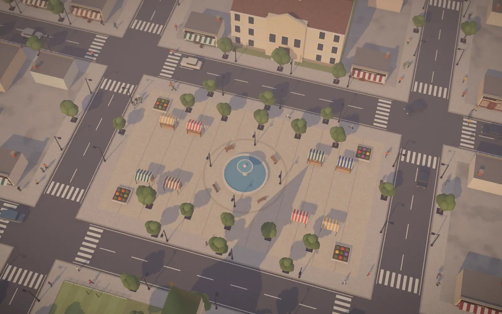 The market square in the late afternoon, later at night with street lights and headlights