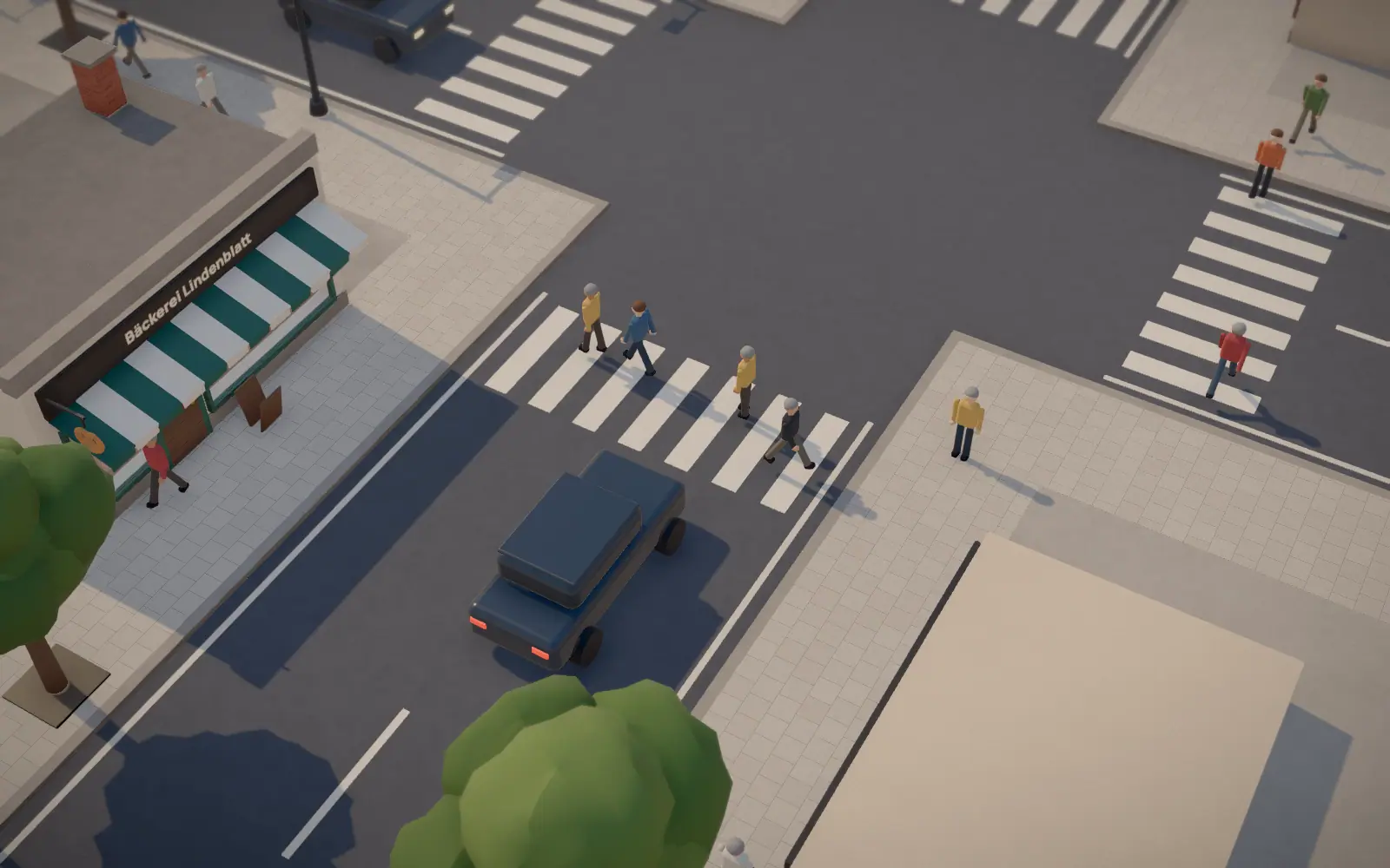 Street with a zebra crossing, a car and passers-by in front of a business