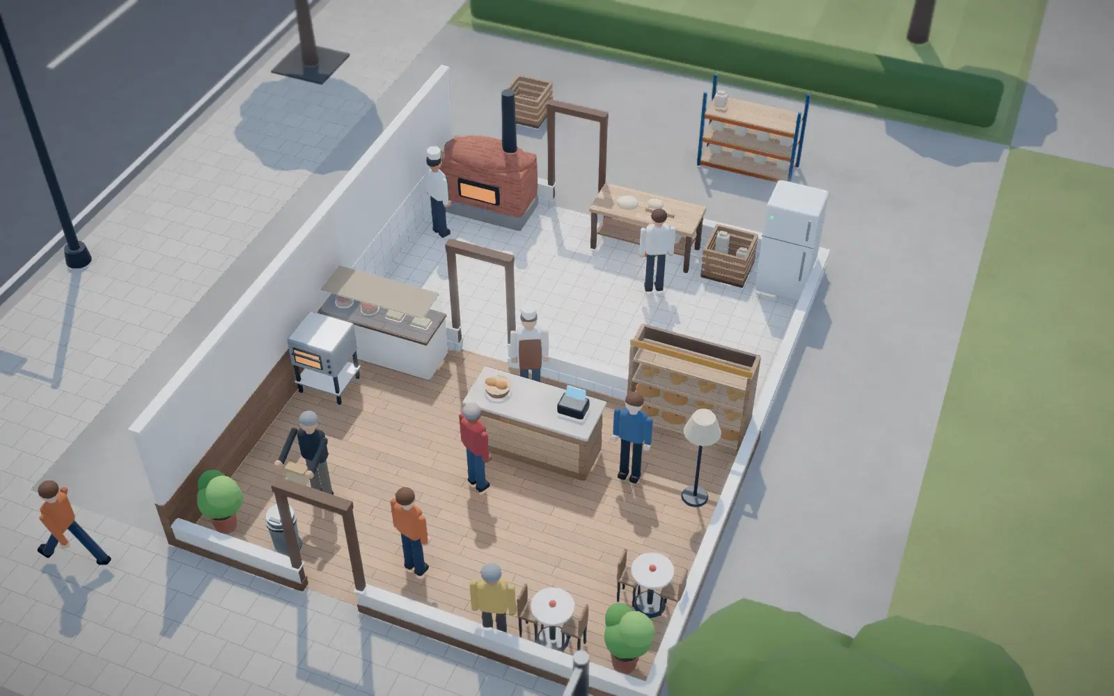 The same business fully built: production with a stone oven, a counter with a queue, shelves and bistro tables