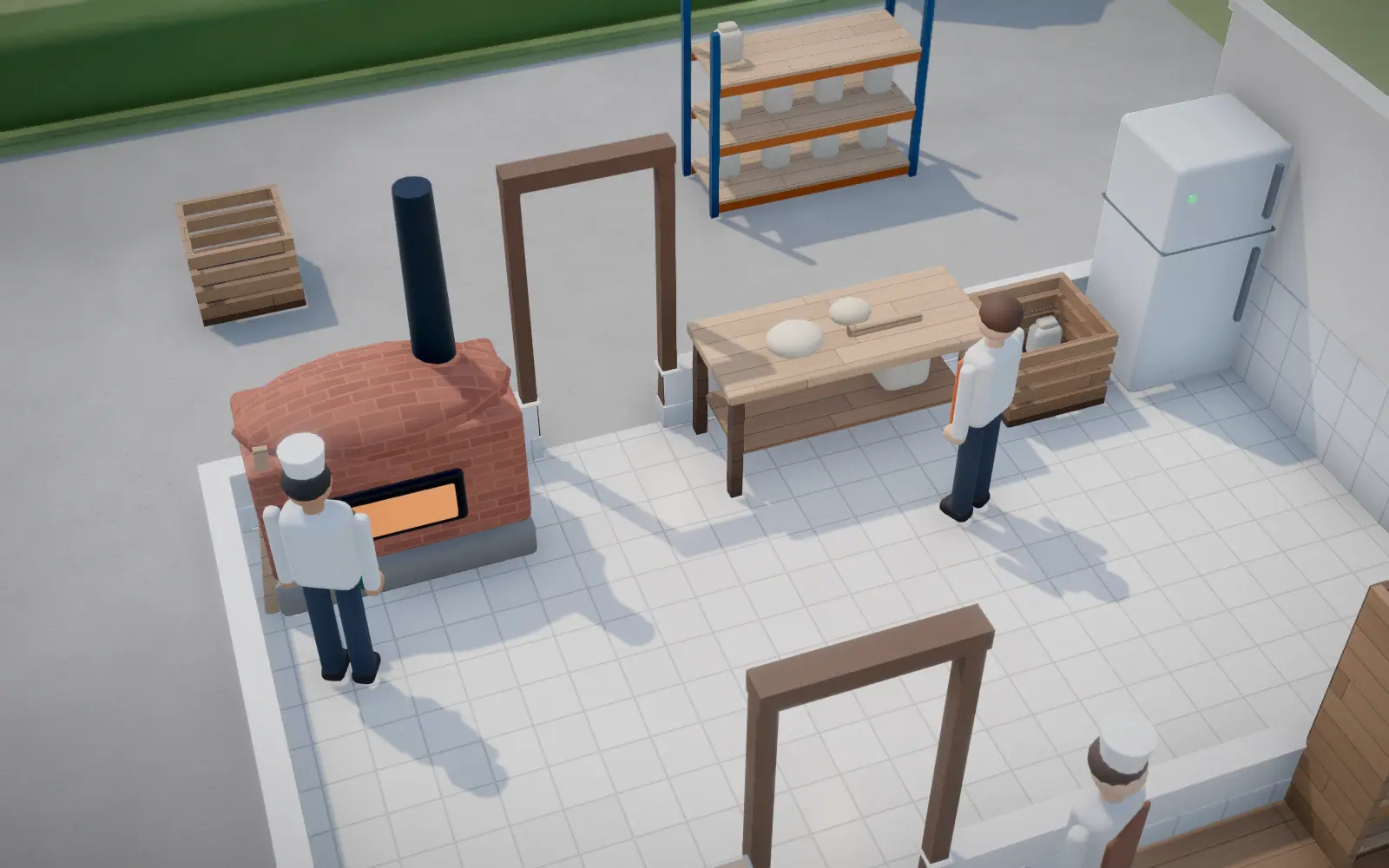 Production with stone oven, work table, fridge and two employees