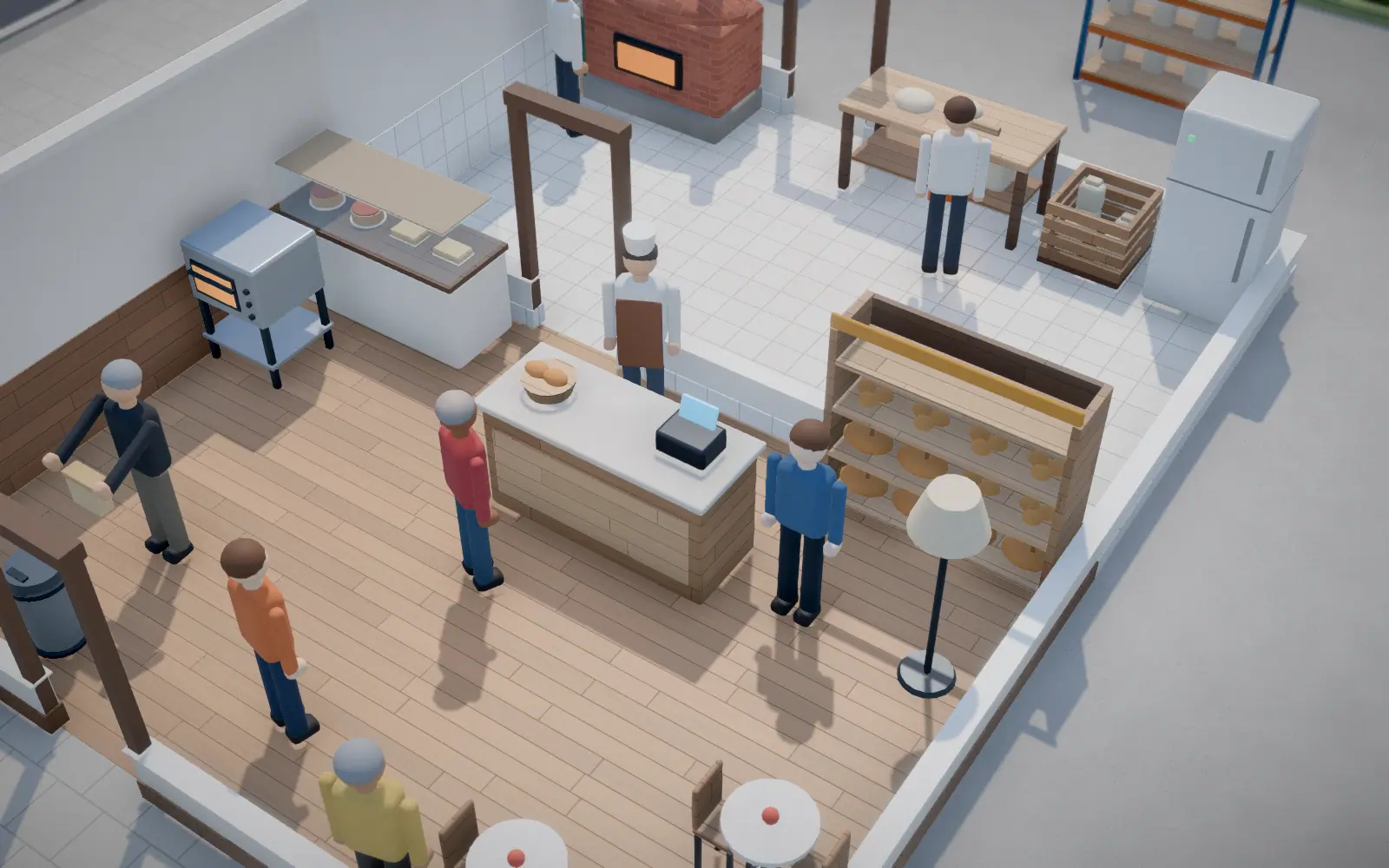 Customers queuing at the counter, a shop assistant and full shelves behind it